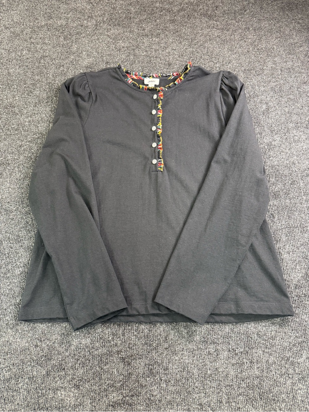 Black Long-Sleeve Henley Top with plaid Trim by J Crew